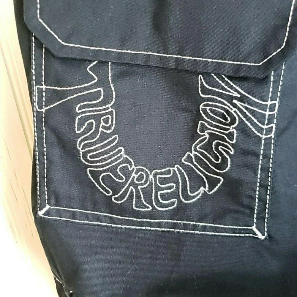 True Religion Cargo Pants Mens 38x32 Black Contrast Stitch Embroidered Pockets